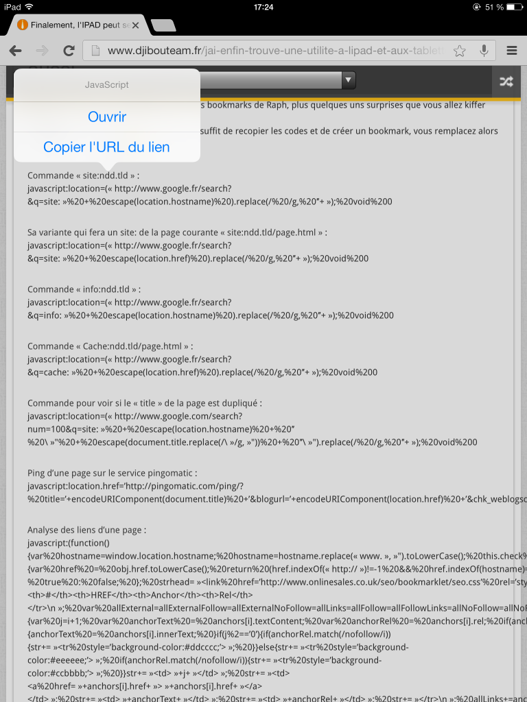 copier url javascript sous ipad